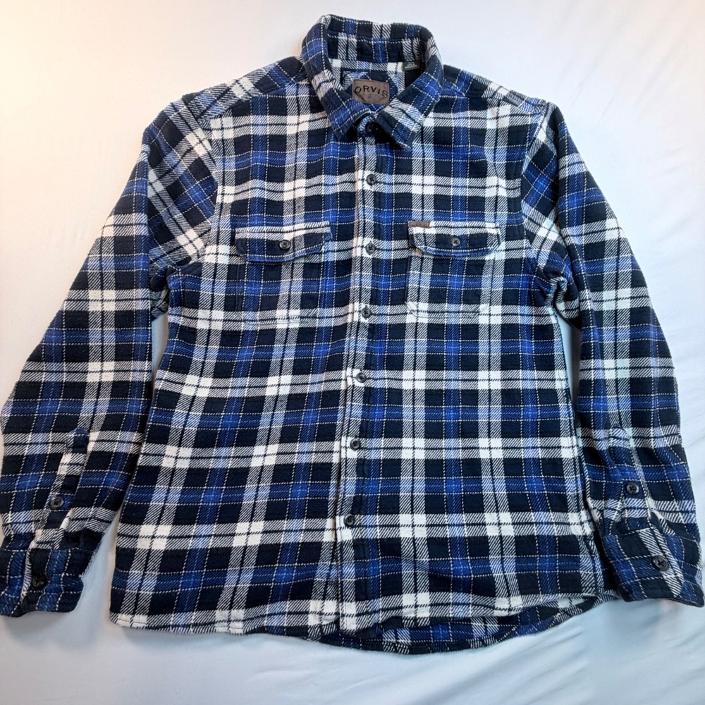 Orvis Flannel Shirt Mens Medium Blue Plaid Cotton Heavyweight‎ Classic Outdoor